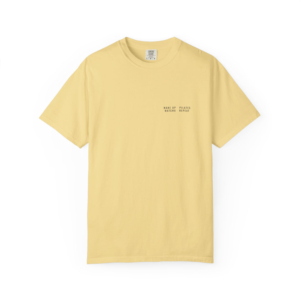 Wake Up Pilates Matcha Repeat Tee — Left Chest